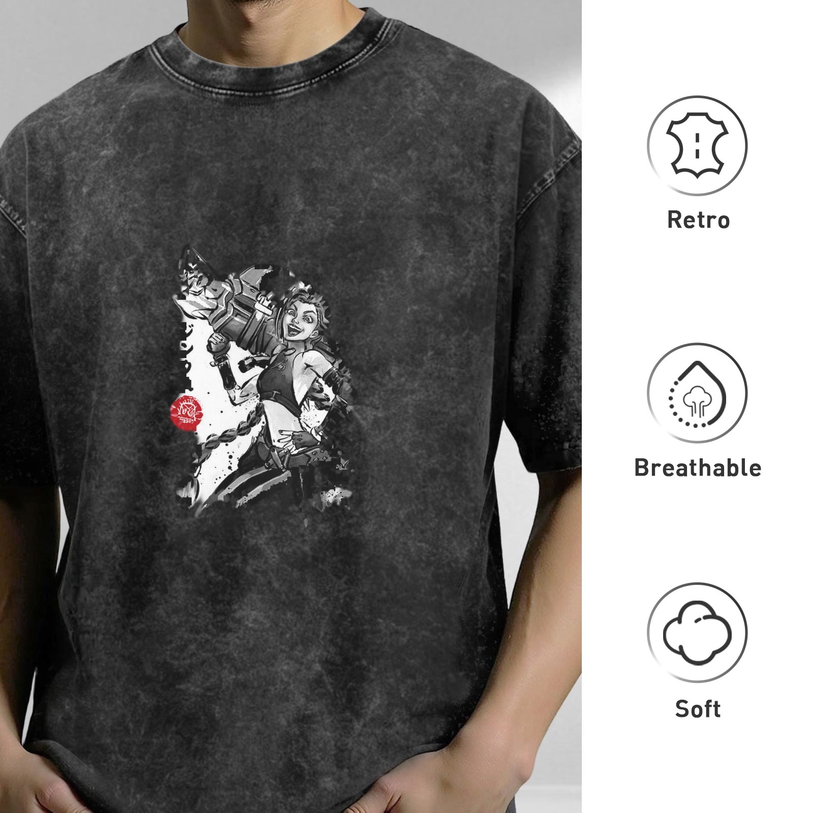 Oversized Dark Wash T-Shirt with Anime Character Graphic Print