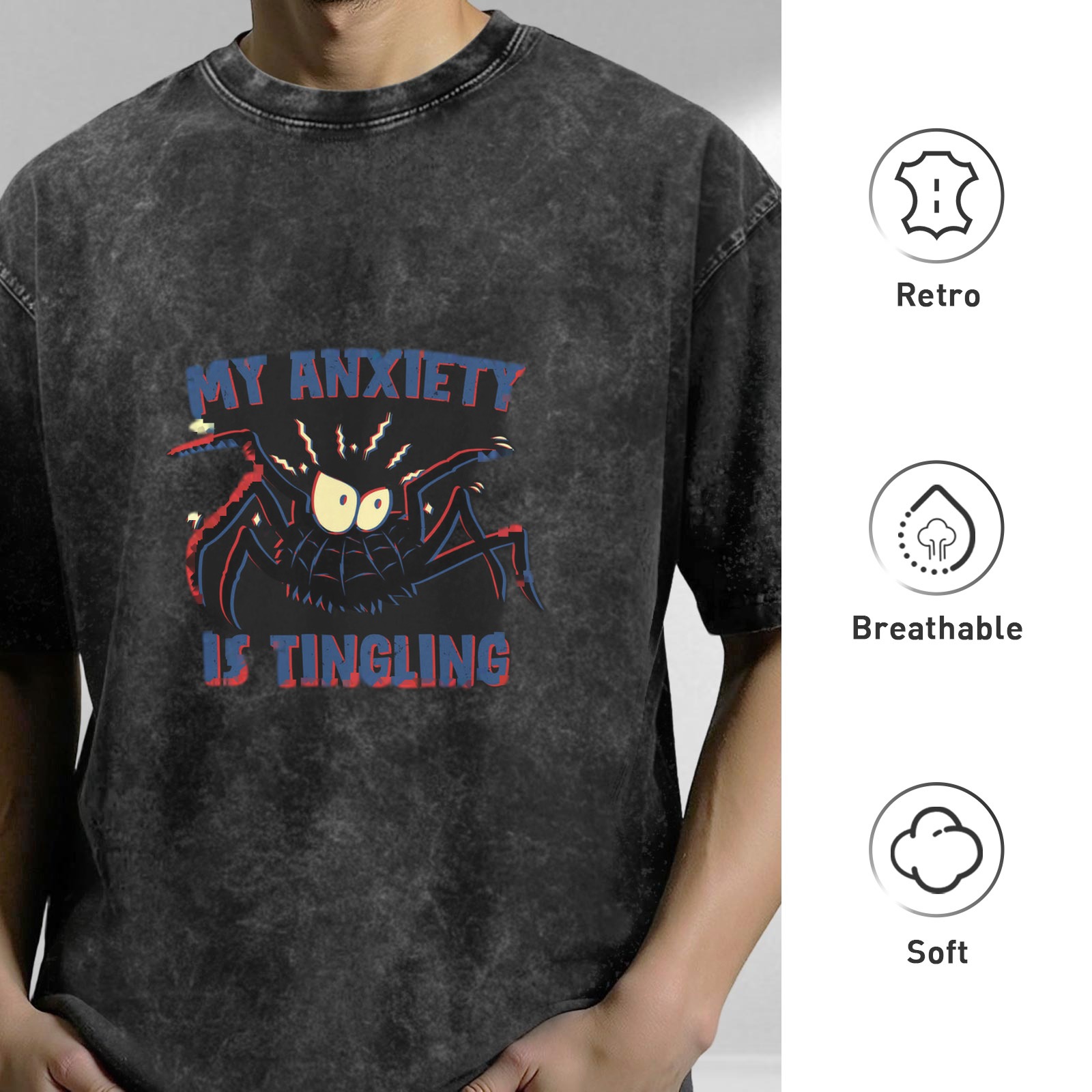Washed black graphic t-shirt with 'My Anxiety Is Tingling' spider design
