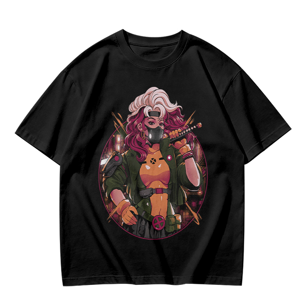 Olive T-Shirt with Anime Cyberpunk Female Warrior Print