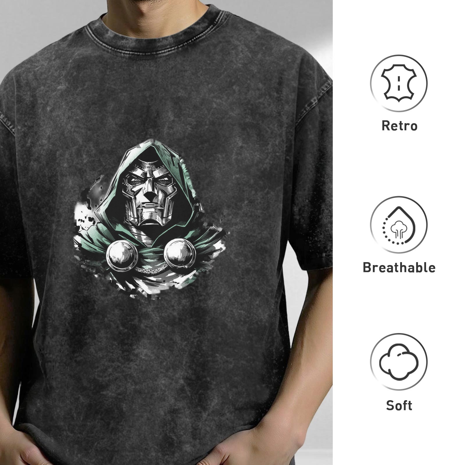oversized acid wash t-shirt with doctor doom graphic print