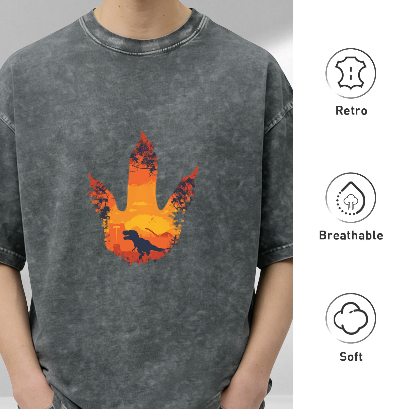 Washed Black Oversized T-Shirt with Dinosaur Footprint Sunset Graphic
