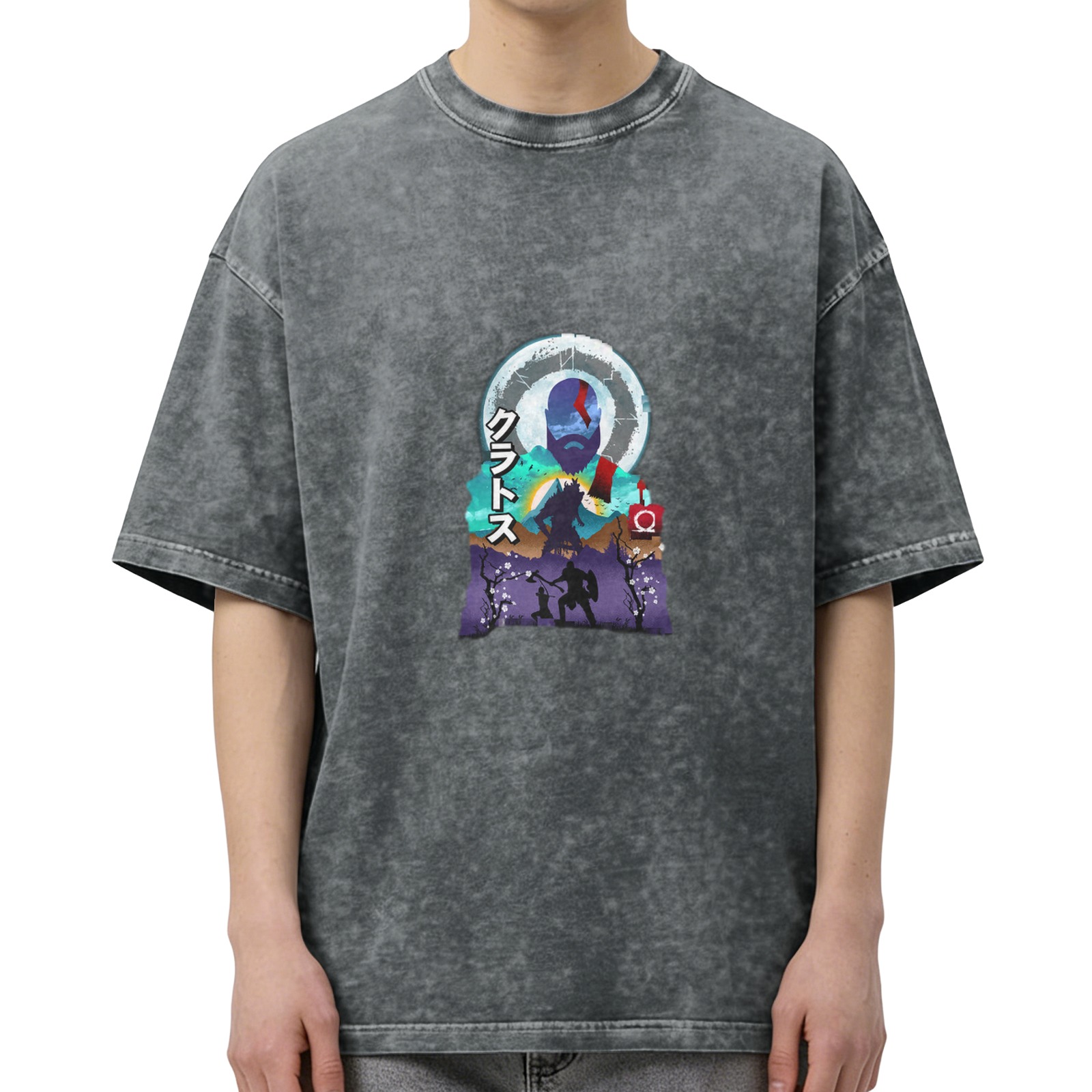Oversized Dark Wash Graphic Tee With Norse Warrior Artwork