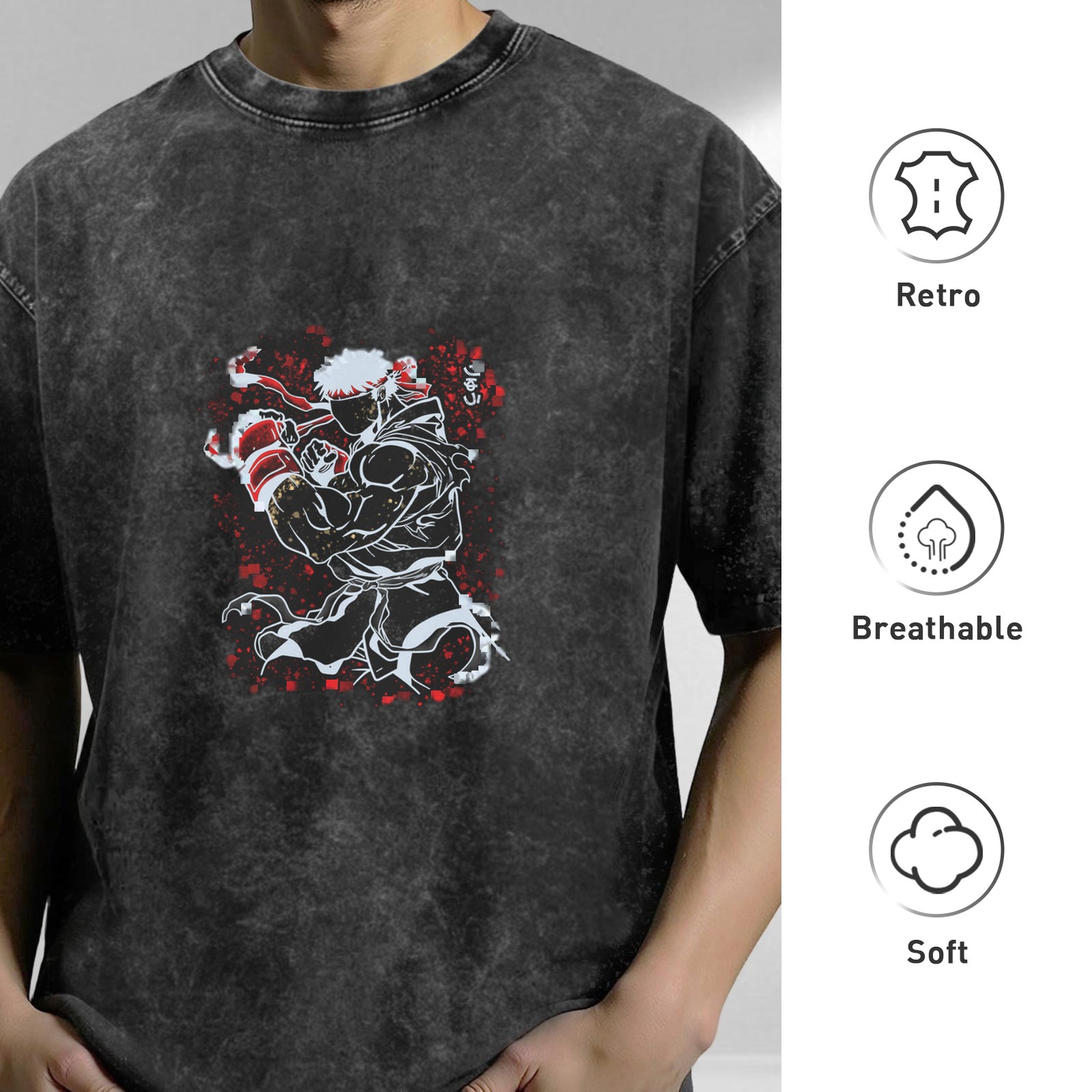 Oversized Dark Wash T-Shirt With Street Fighter Fighter Graphic