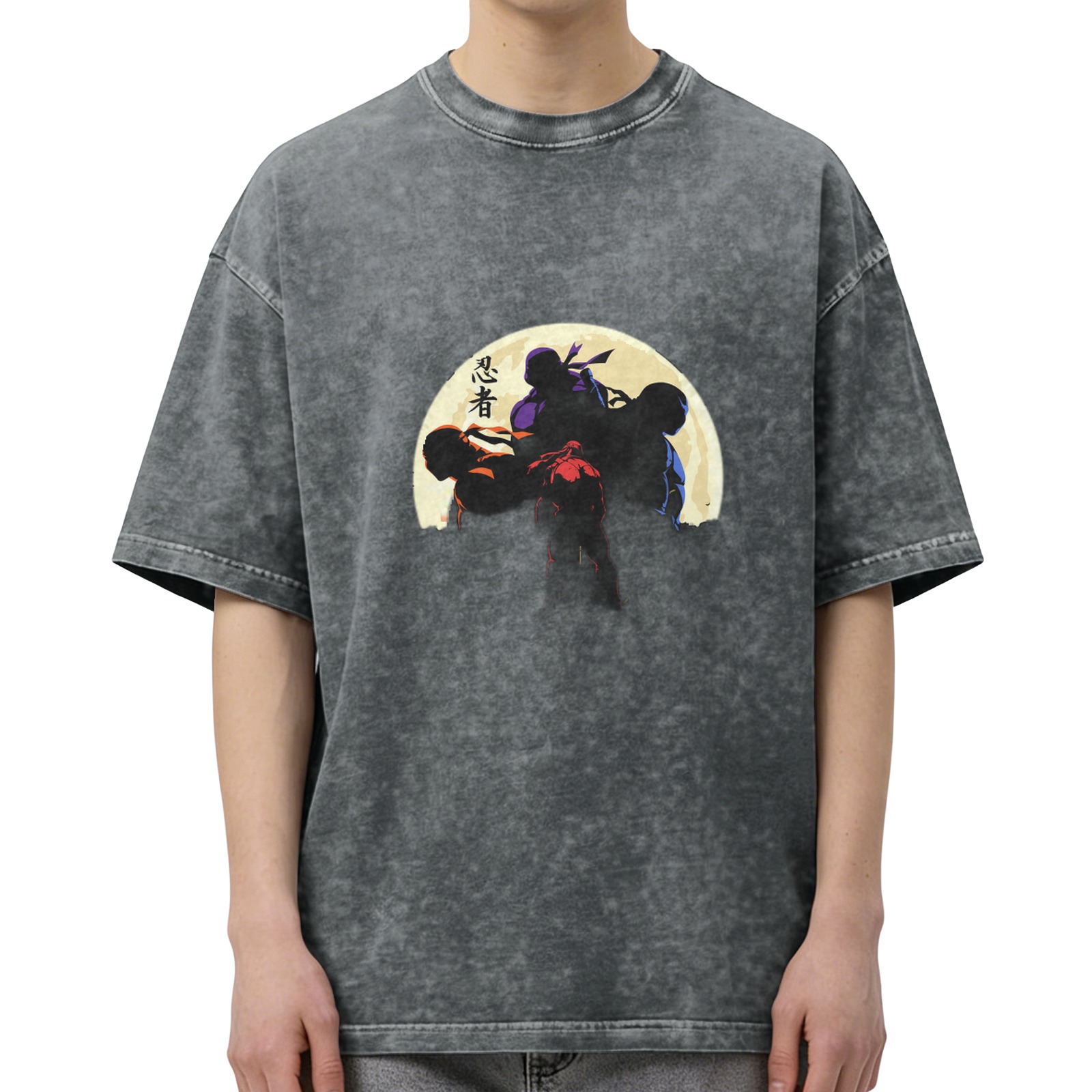 Washed black t-shirt with ninja silhouettes against a full moon