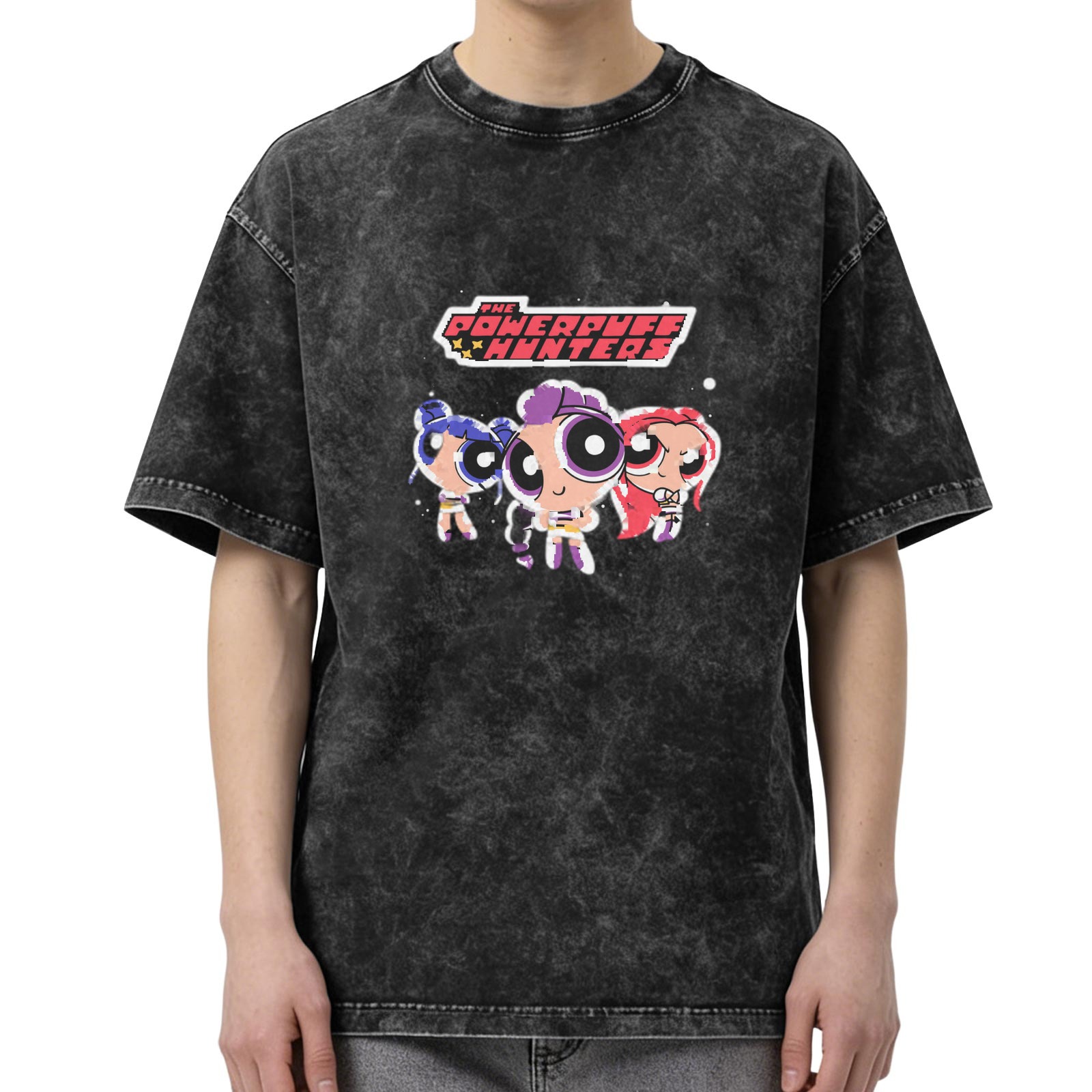 Powerpuff Hunters Graphic Washed Black Oversized T-Shirt