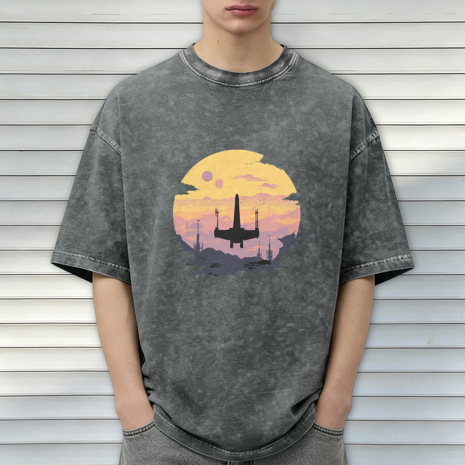 Star Wars X-Wing Sunset Graphic Acid Wash T-Shirt