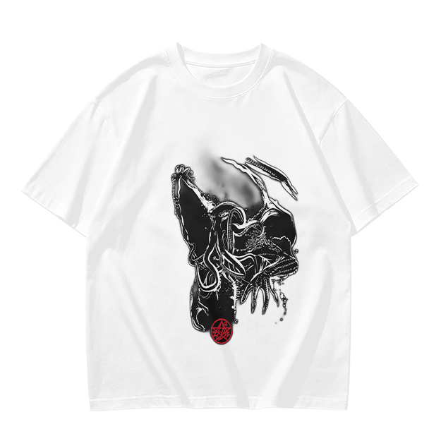 Olive T-Shirt With Dark Abstract Tentacle Creature Print