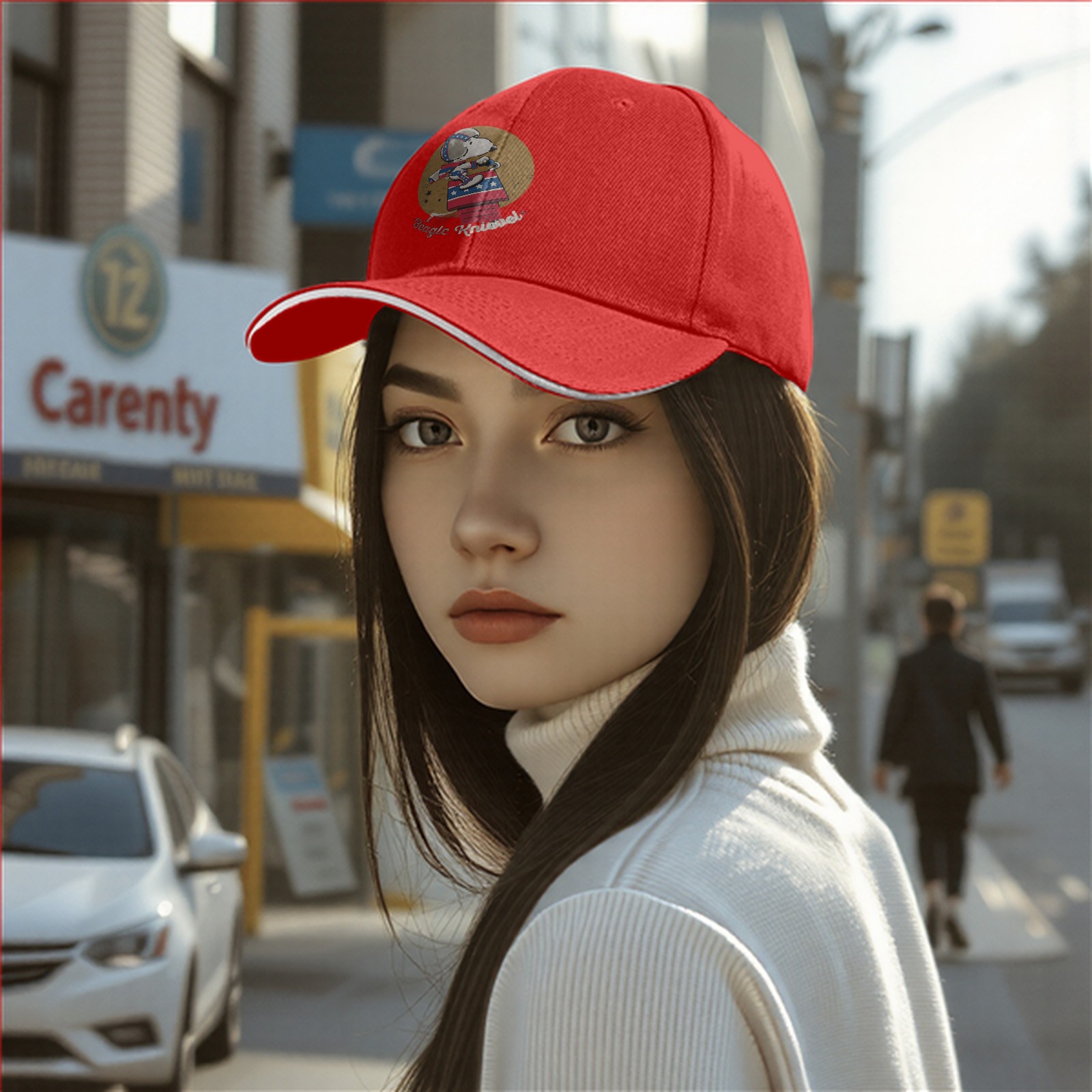 Black baseball cap with Snoopy Beagle Knievel stunt graphic