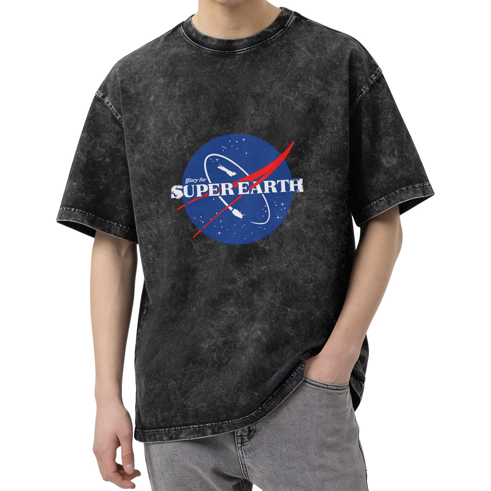 Oversized Stone Wash T-shirt with 'Glory for Super Earth' NASA-style Graphic Print