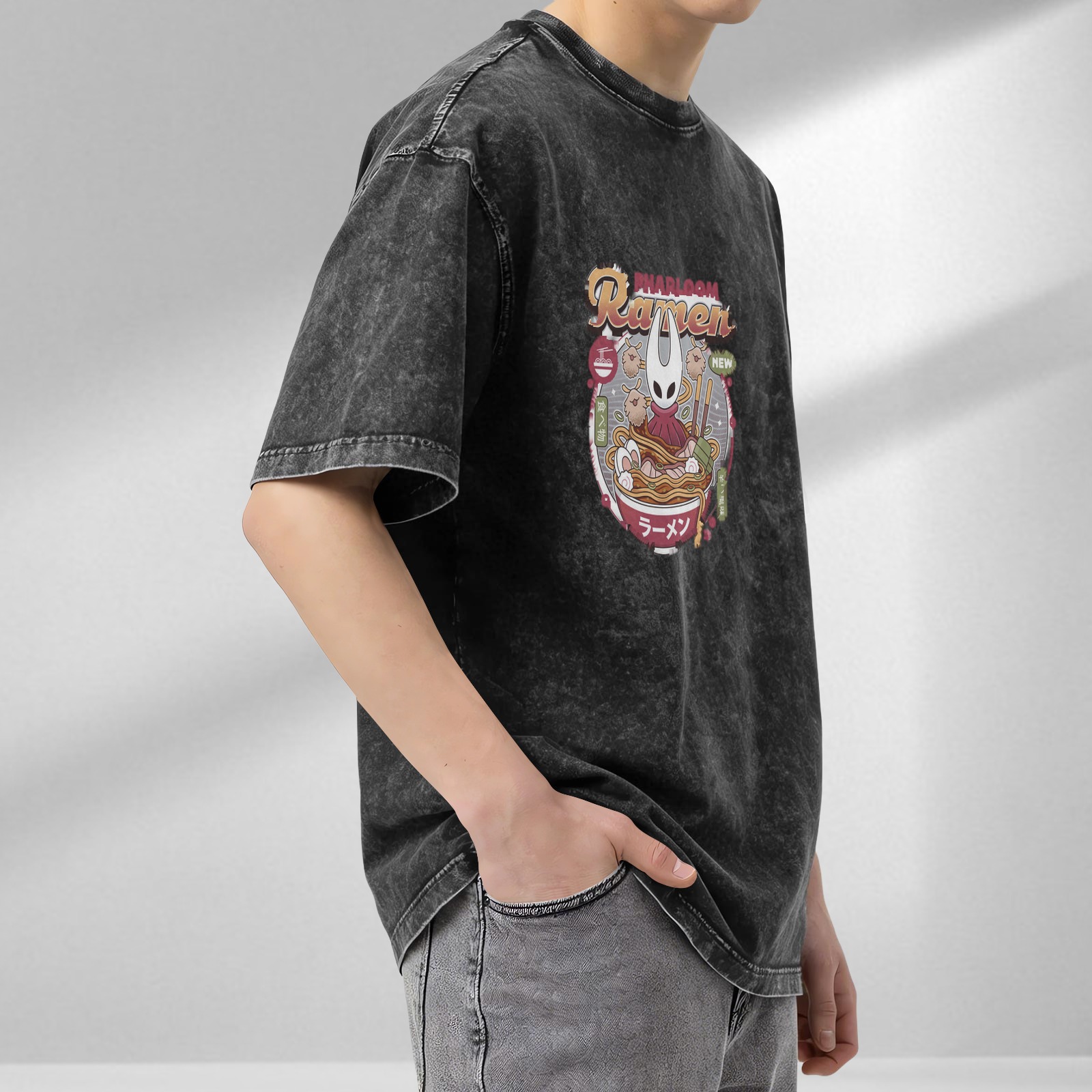 Oversized Acid Wash T-Shirt with Hollow Knight Ramen Graphic