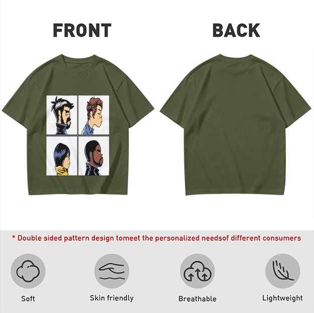 Olive T-Shirt With Four Cartoon Character Profile Portraits