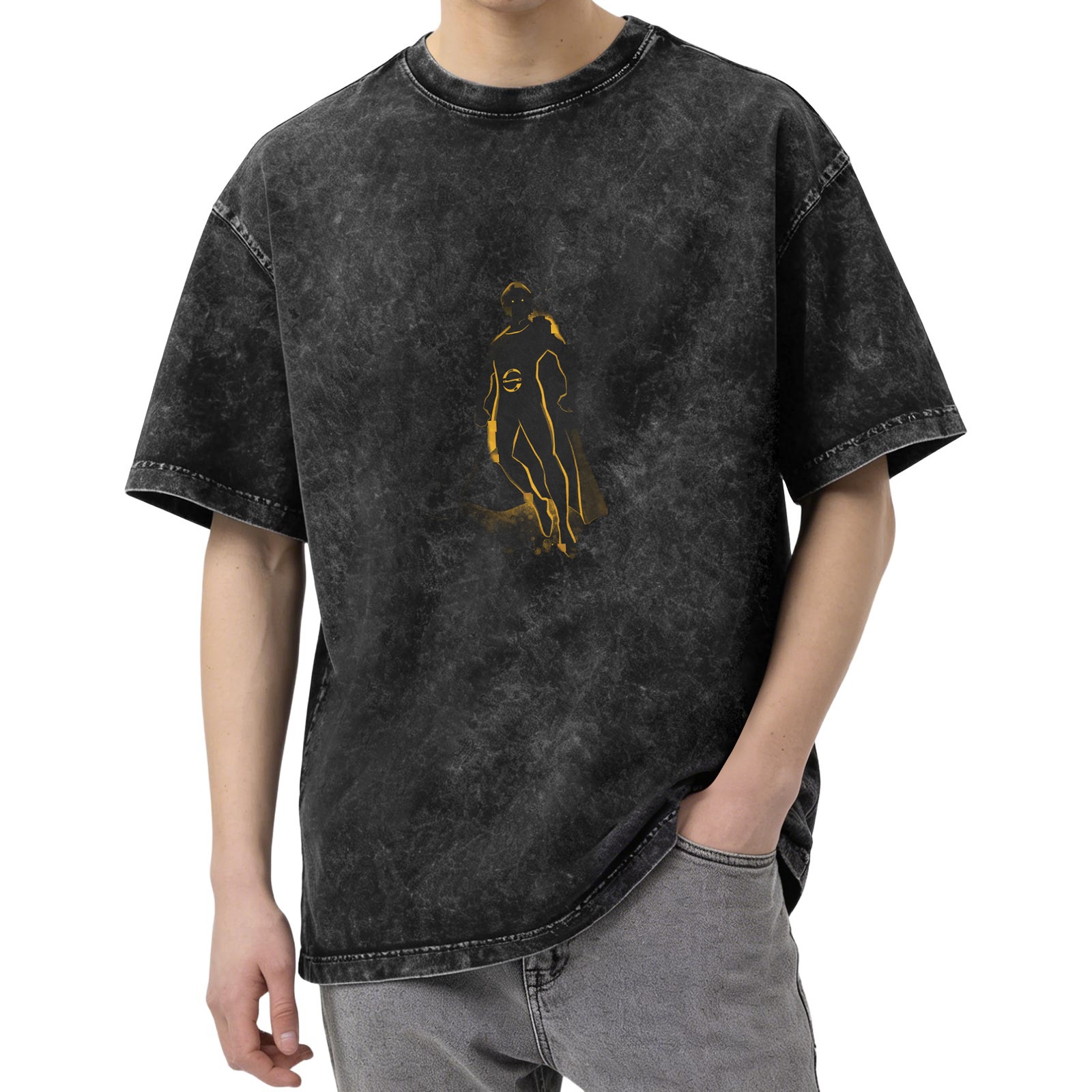 Washed black graphic t-shirt with golden superhero silhouette print