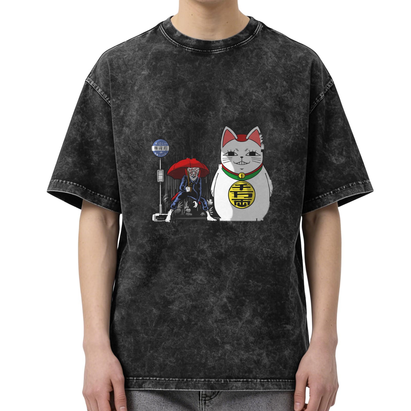 oversized acid wash t-shirt with japanese maneki neko and yokai graphic