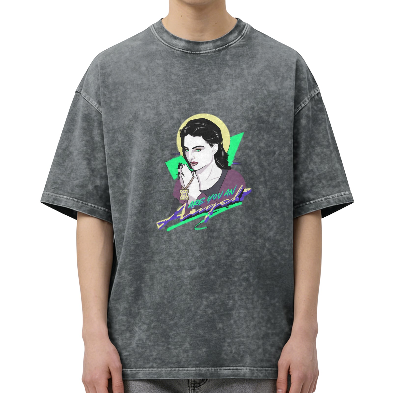 Oversized Dark Wash T-Shirt with Retro Angel Graphic Print