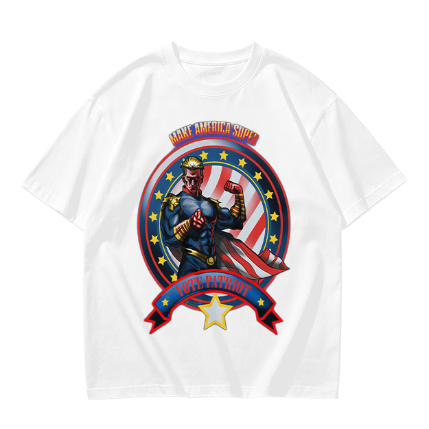 Olive t-shirt with patriotic superhero 'Make America Super' graphic