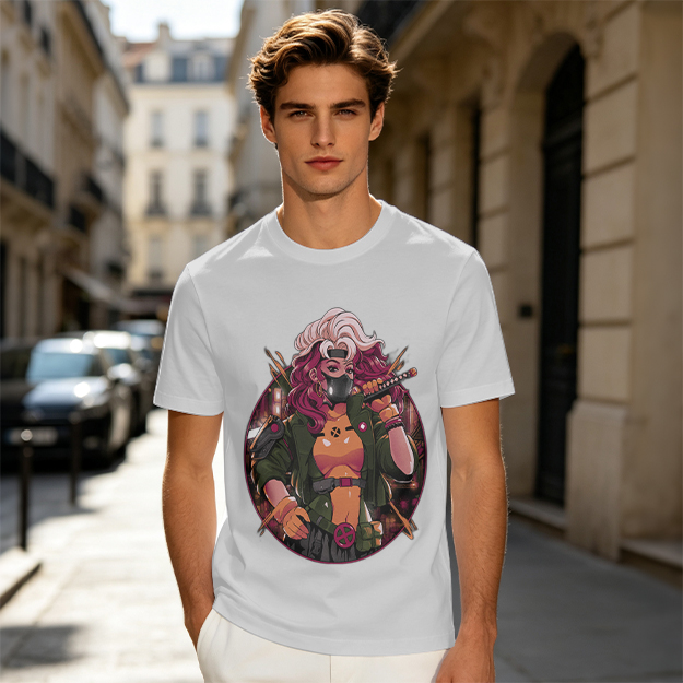 Olive T-Shirt with Anime Cyberpunk Female Warrior Print