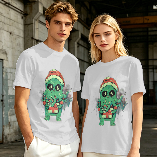 Olive Green T-Shirt With Cute Christmas Cthulhu Graphic