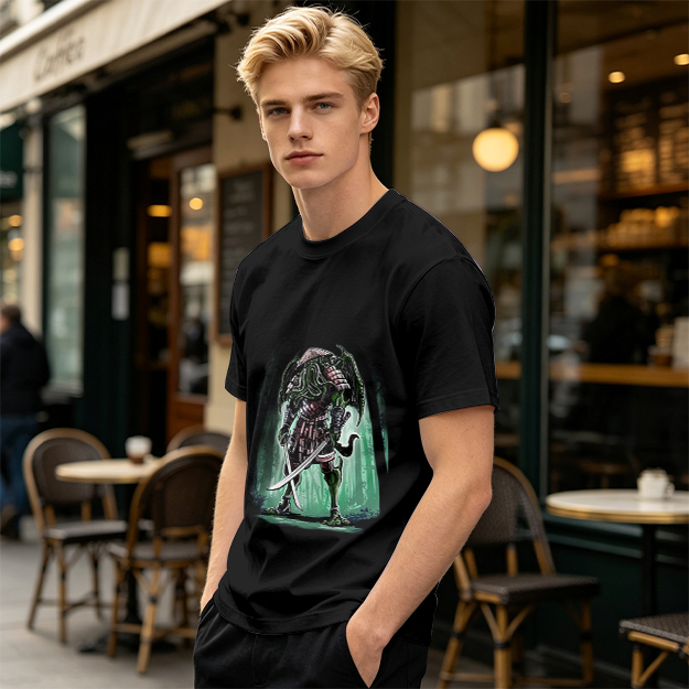 Olive T-Shirt With Samurai Cthulhu Warrior Graphic Print