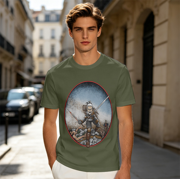 Olive T-shirt with Fantasy Warrior Swordsman Battle Scene Print