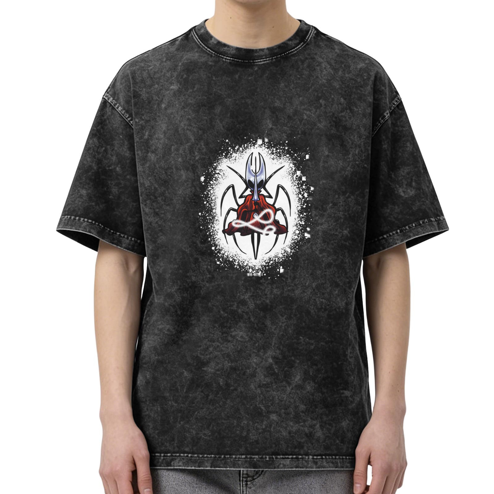 Oversized Acid Wash T-Shirt With Spider-Inspired Graphic Print