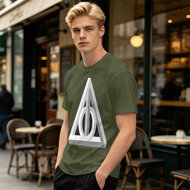 Olive T-shirt with 3D Deathly Hallows Symbol Print