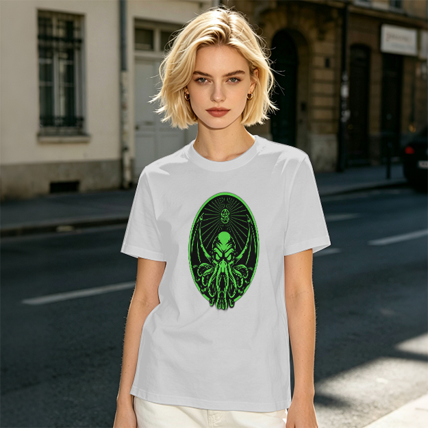 Olive Green T-Shirt With Glowing Green Cthulhu Graphic Print