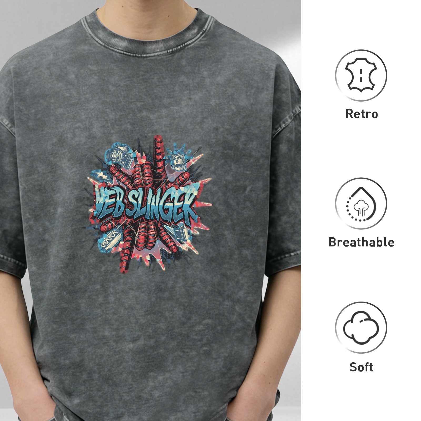 Web Slinger Graphic Black Acid Wash Oversized T-Shirt