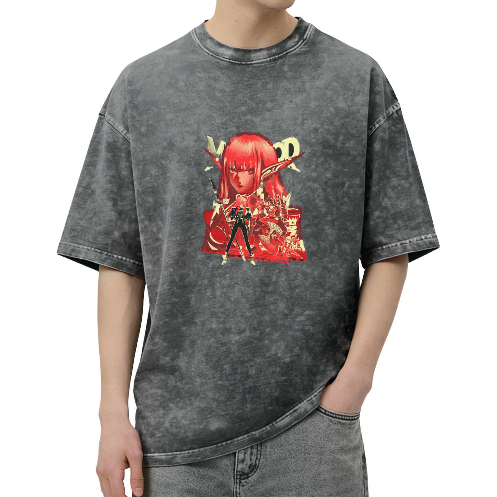 Oversized Acid Wash T-Shirt with Anime Elf Warrior Graphic Print
