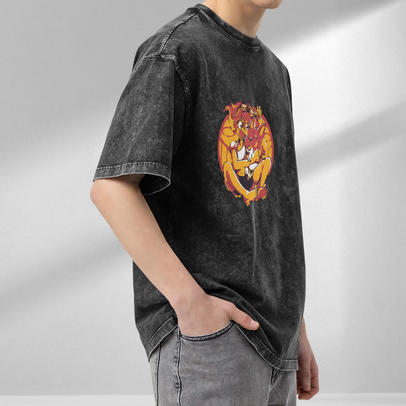 Washed black graphic t-shirt with anime-style character and animal print
