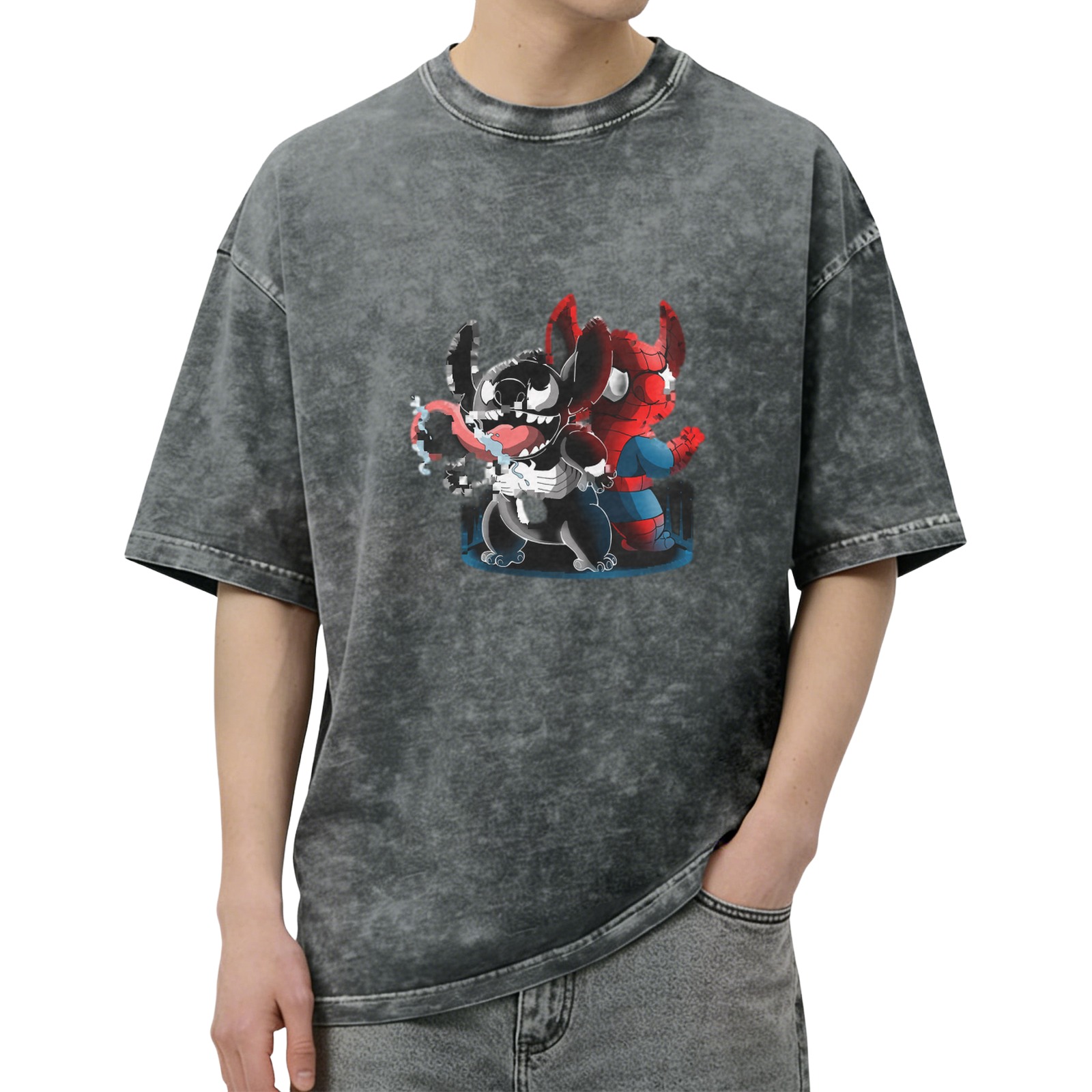 Oversized Acid Wash T-Shirt with Stitch Venom and Spider-Man Graphic