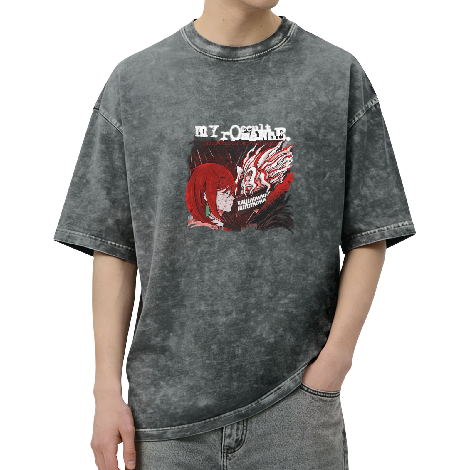 Oversized Acid Wash Anime Graphic T-Shirt with Dark Art Print