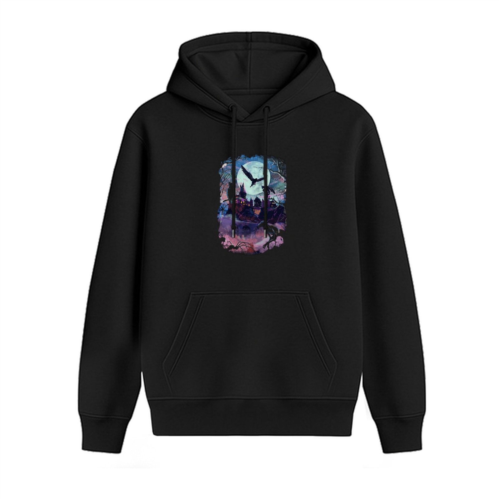 Black hoodie with moonlit castle and flying bird graphic