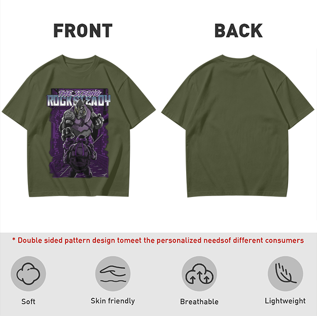 Olive green t-shirt featuring Rocksteady the strong mutant character