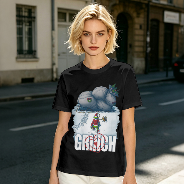 Grinch Stealing Christmas Gifts Snow Scene Graphic T-Shirt