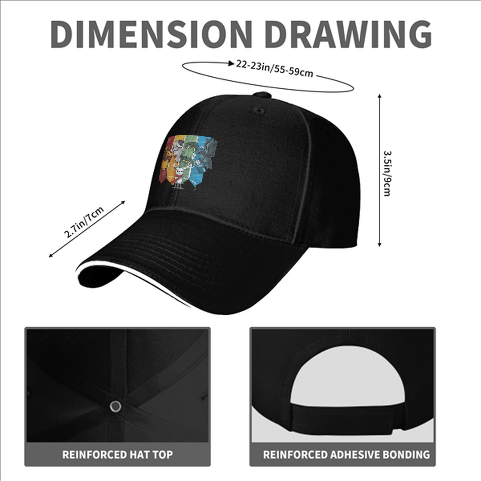 Black baseball cap with Harry Potter house mascots graphic