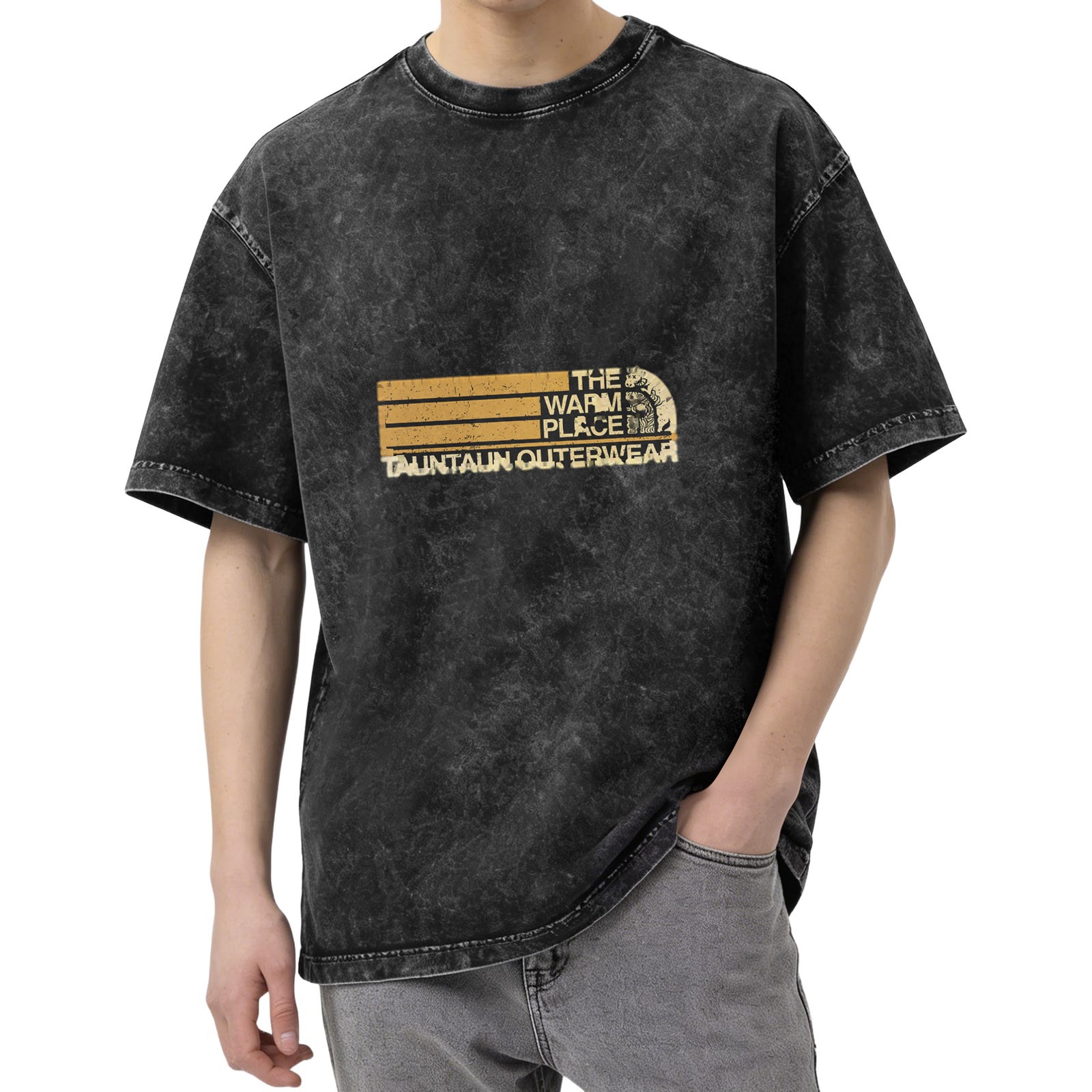 Distressed washed black loose short-sleeved T-shirt Fun spoof outdoor brand printed top