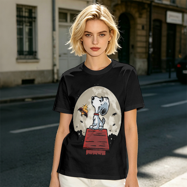 Snoopy and Woodstock on Doghouse Under Full Moon T-Shirt