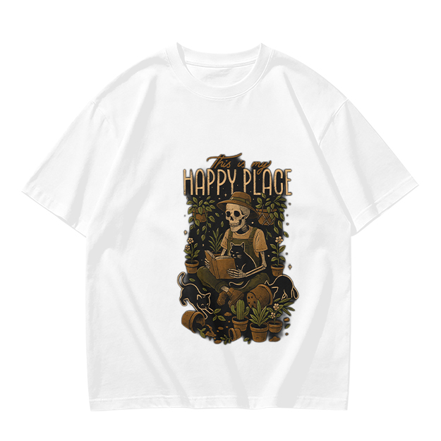 Happy Place Skeleton Gardener Cat Plant Lover T-Shirt