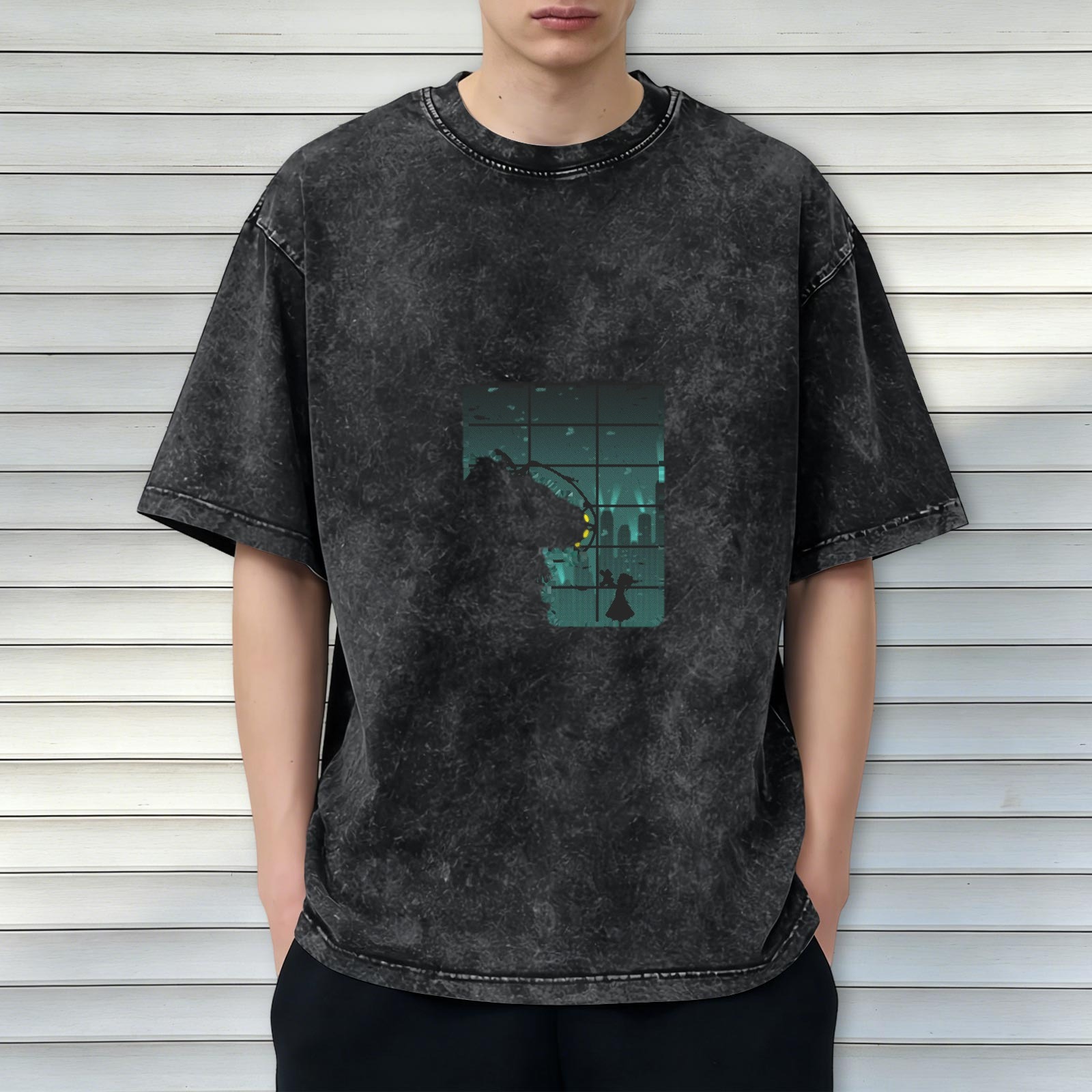 Washed Black Graphic T-Shirt With Window Monster Silhouette Print