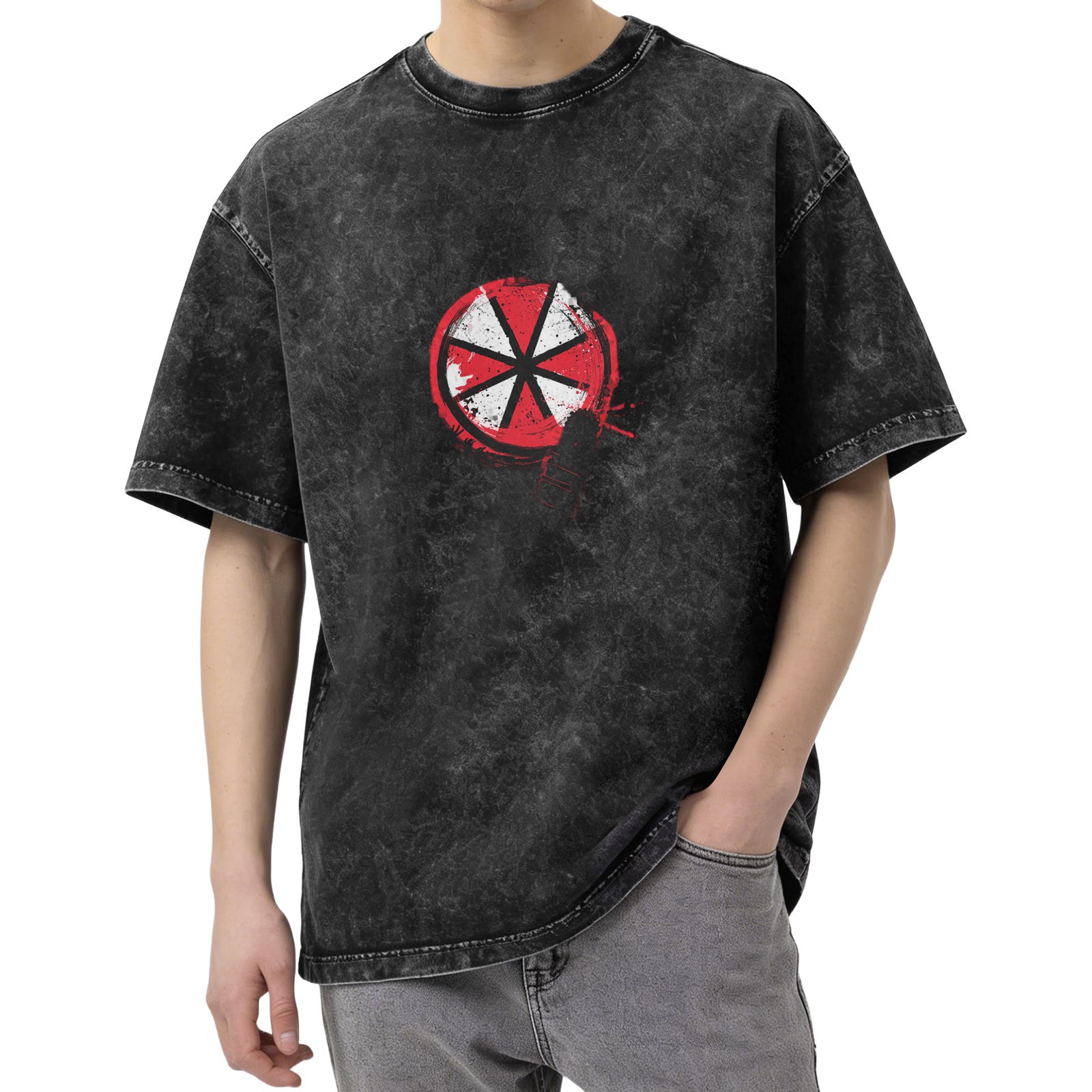 Oversized Acid Wash Black T-Shirt with Red White Circular Graphic