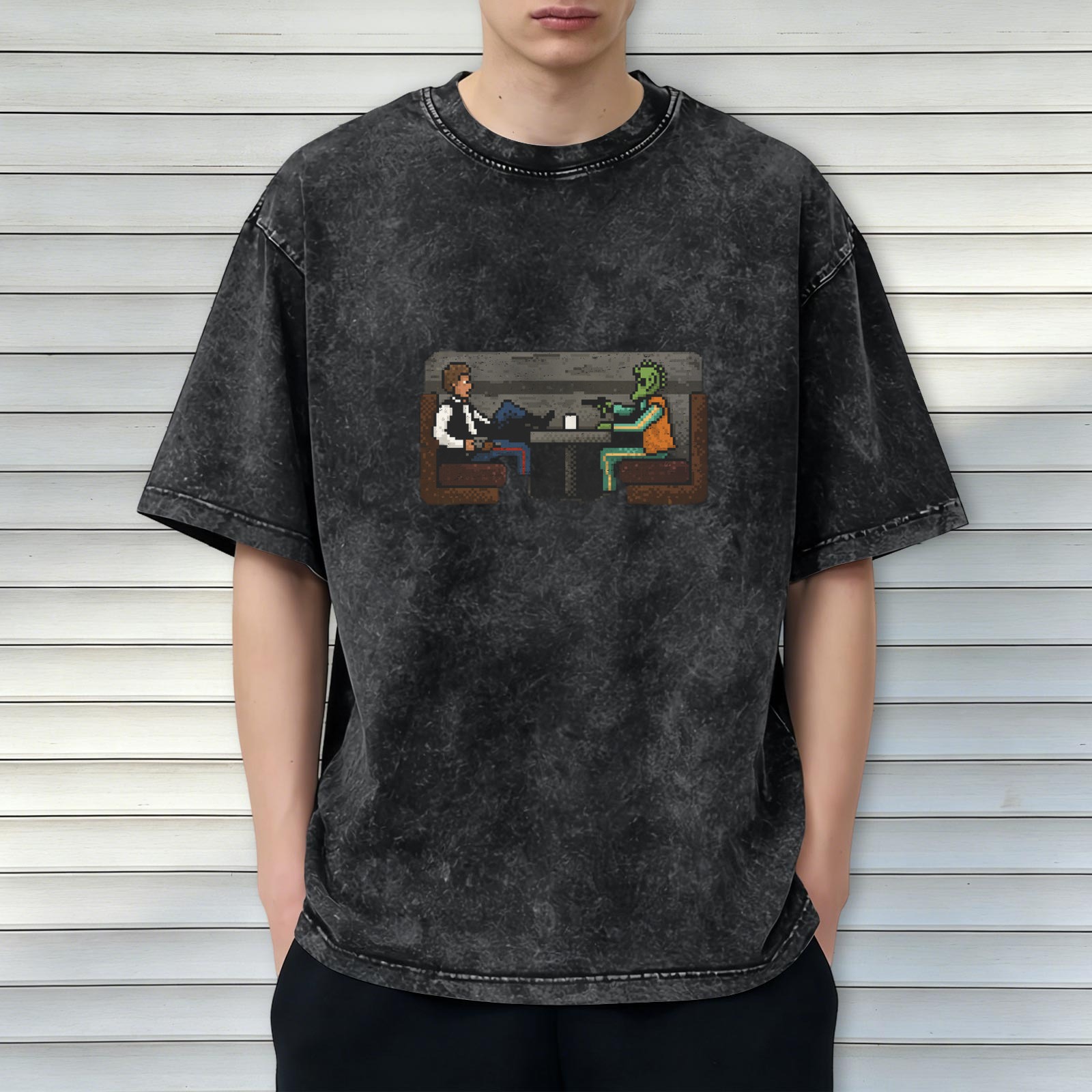 Retro washed black loose short-sleeved T-shirt Star Wars themed pixel style pattern