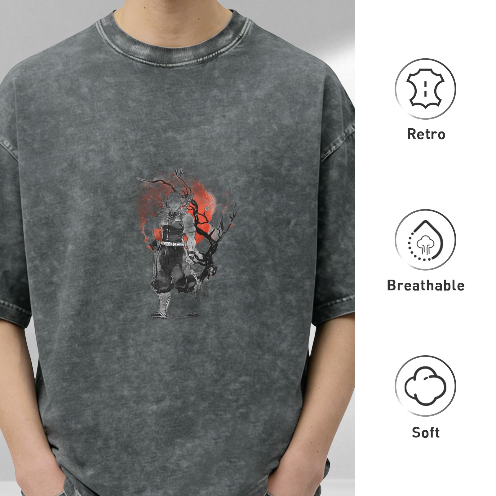 Oversized acid wash t-shirt with dark warrior and red moon graphic