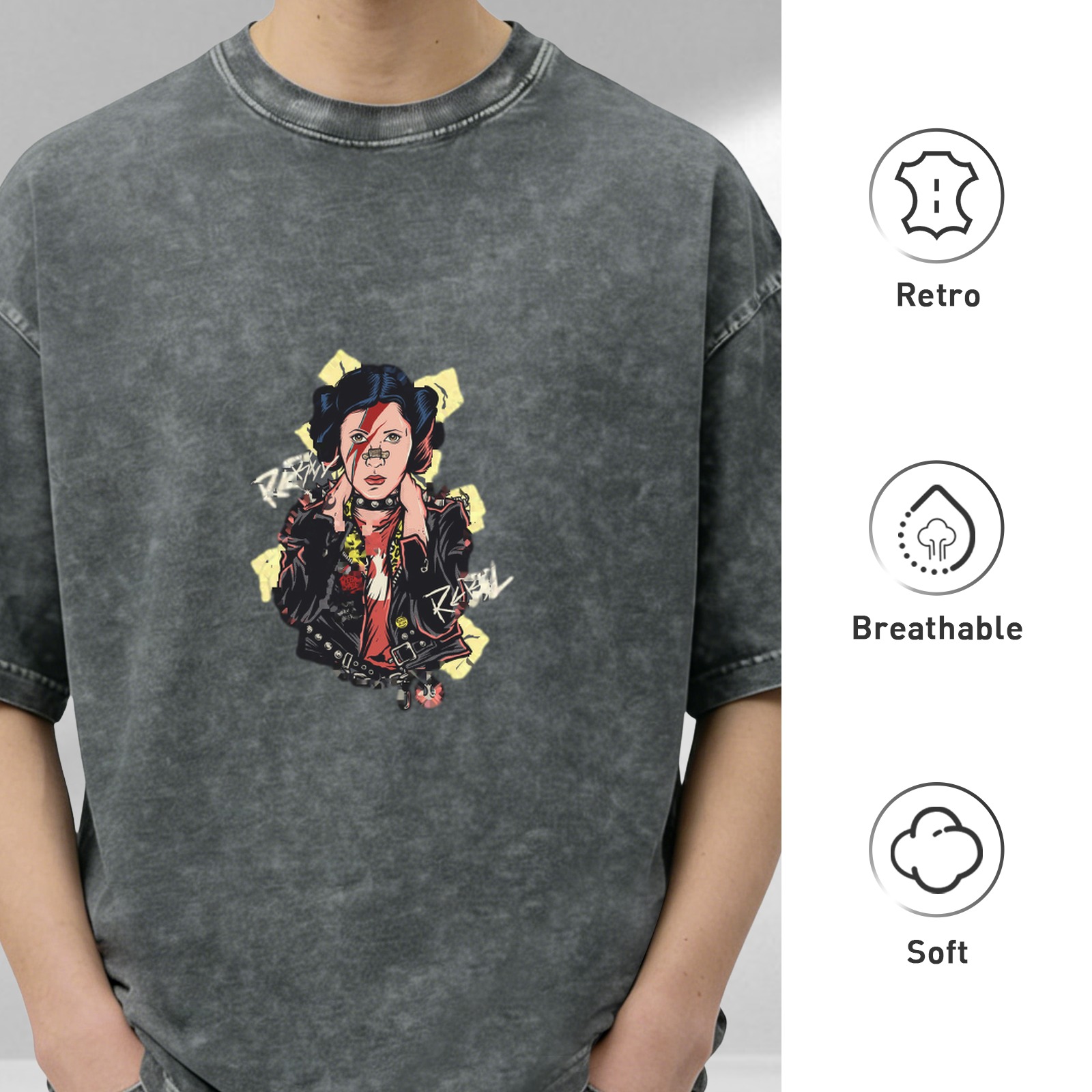 Oversized Acid Wash T-Shirt With Punk Rebel Graphic Print