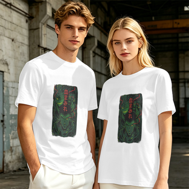Olive anime graphic t-shirt with three dark fantasy characters