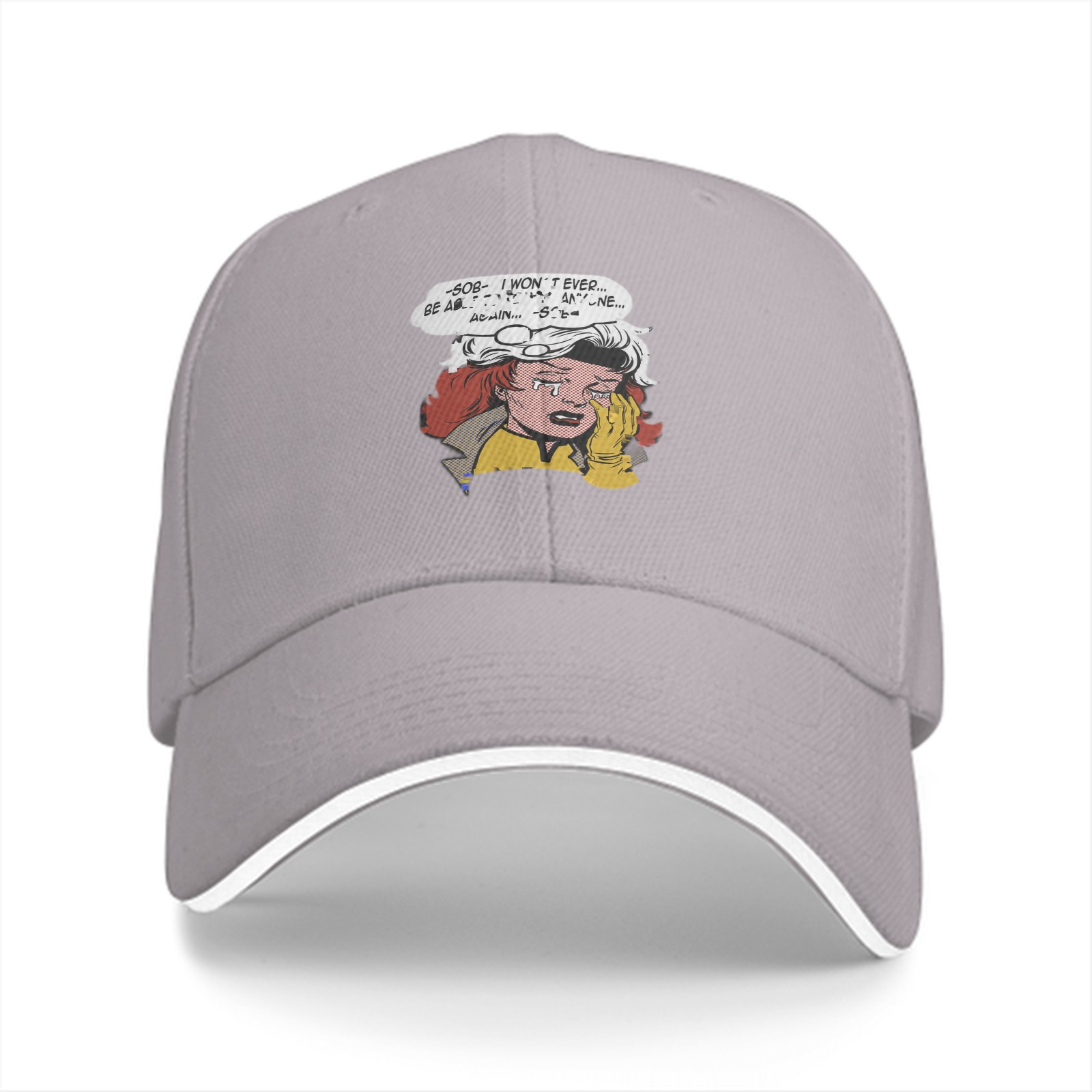 Black baseball cap with crying comic character print