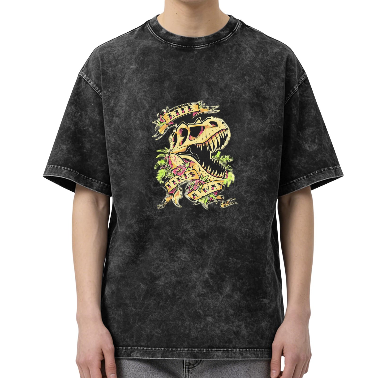 Oversized Acid Wash T-Shirt with T-Rex Skull Tattoo Style Graphic