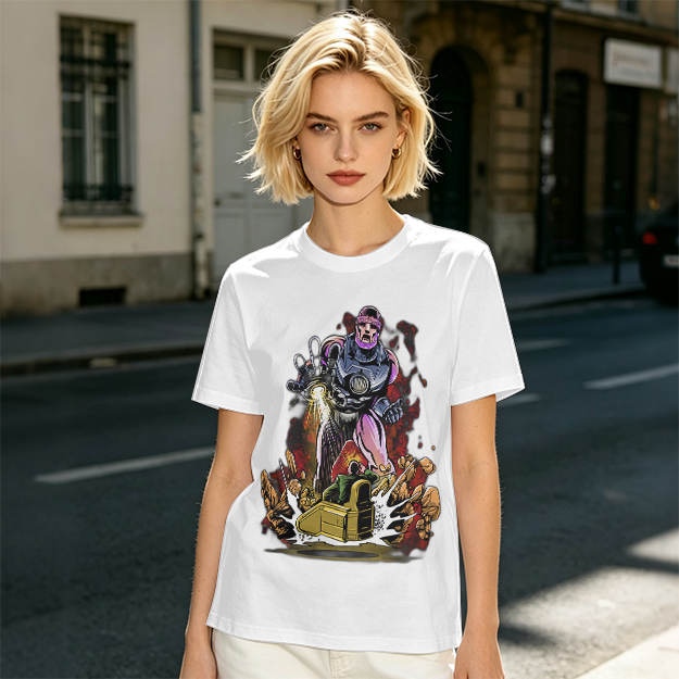 Olive T-shirt with Robot Villain and Tank Action Graphic