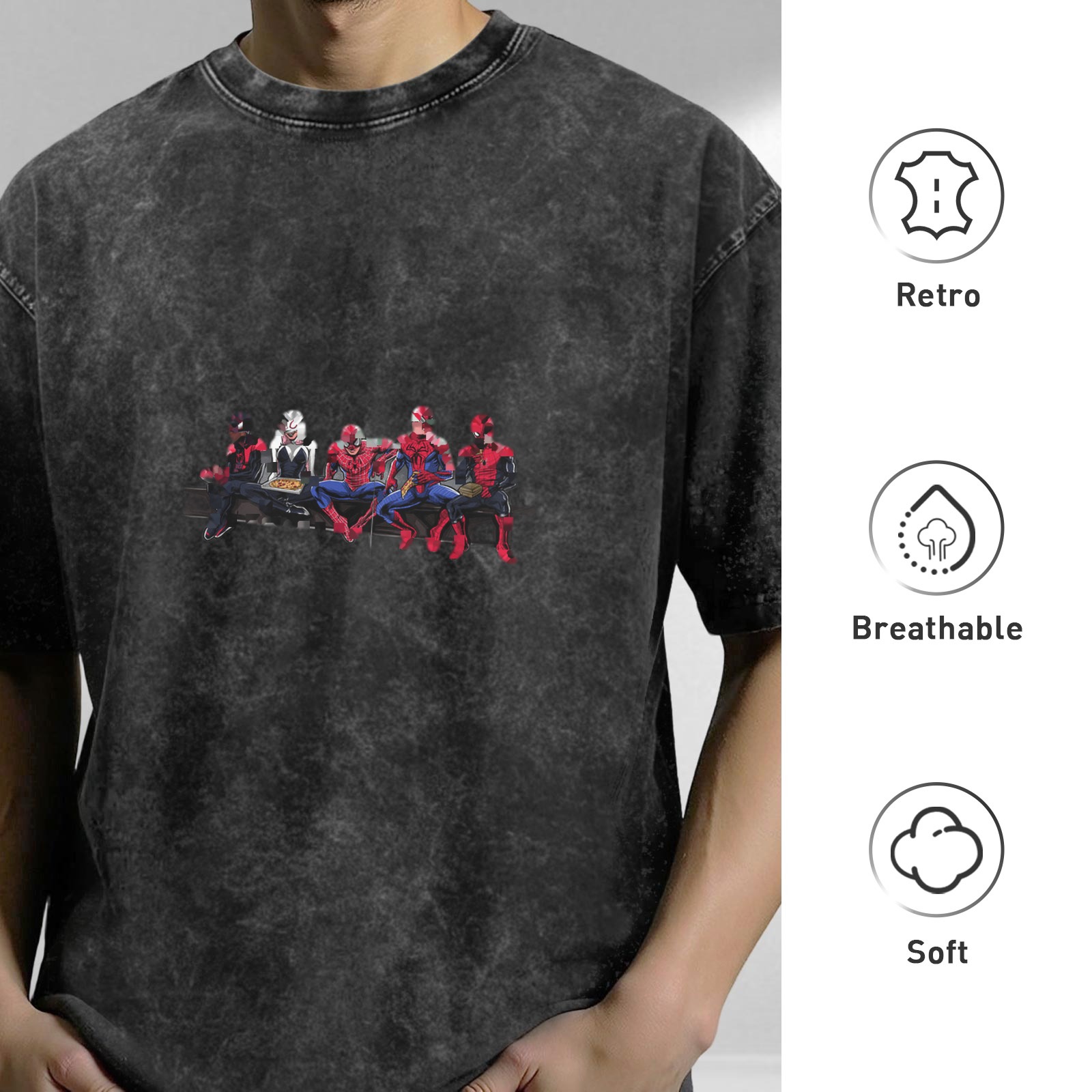 Washed distressed black Spider-Man themed printed short-sleeved T-shirt
