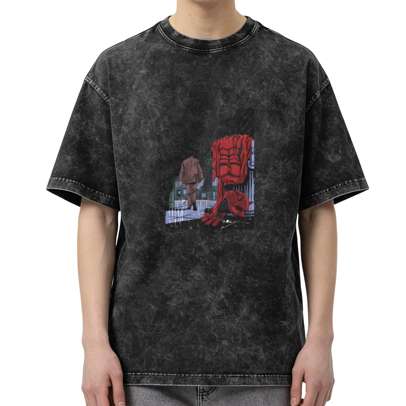 Washed Black Graphic Tee With Superhero And Figure Print
