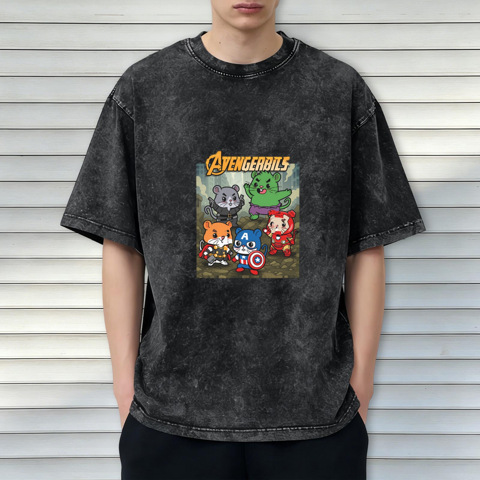 Avengerbils Hamster Superhero Graphic Acid Wash T-Shirt
